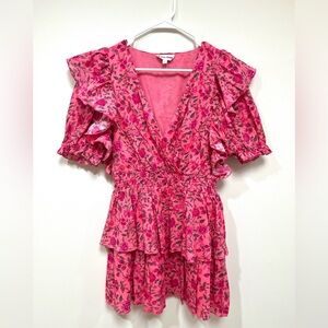 Celina Moon Pink Floral Block Print Ruffle Mini Dress size Medium